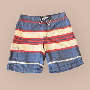 J. Crew Men's Size 32 Board Shorts Swim Trunks Blue Red Striped Mesh Lined